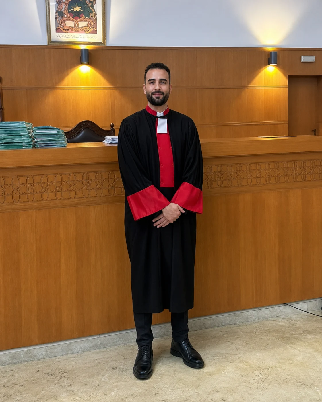 Maître Bilal El M'Rabet en tenue professionnelle dans une salle d’audience
